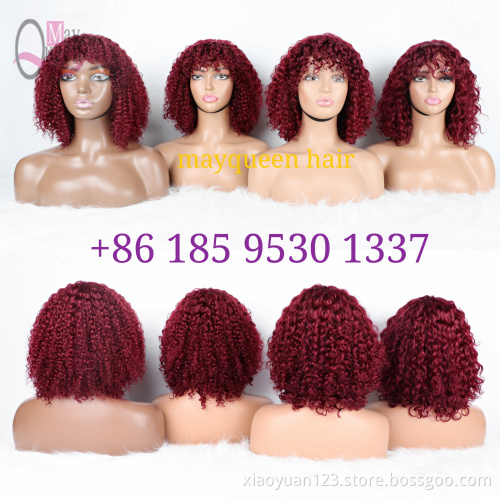 Best Selling Double Drawn Wigs with Fringe Highlight 99J Burgundy RedColor Brazilian Natural Wave Wig Human Hair For Black Women